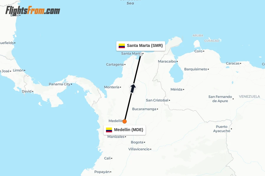 Flights from Medellin to Santa Marta route map