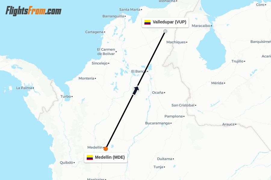 Flights from Medellin to Valledupar route map