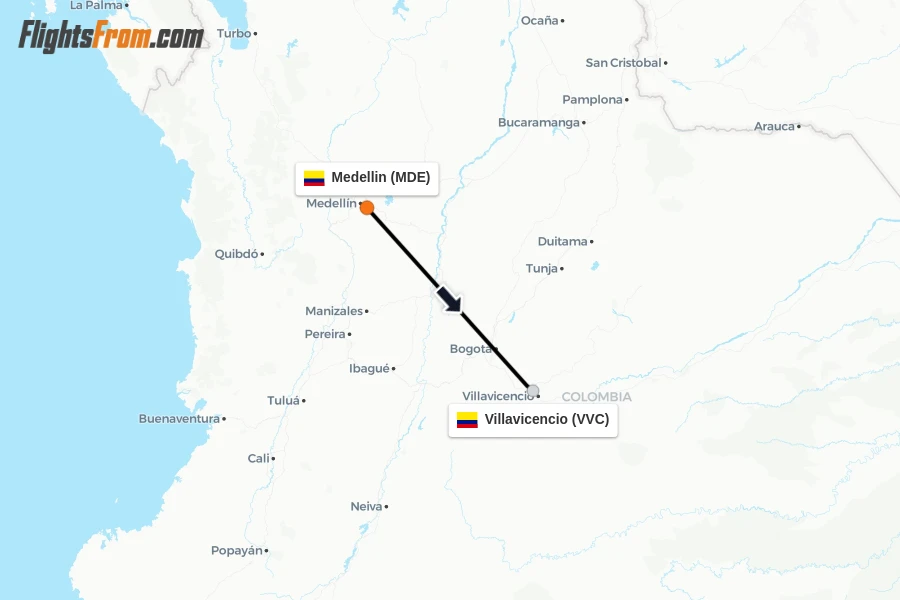 Flights from Medellin to Villavicencio route map