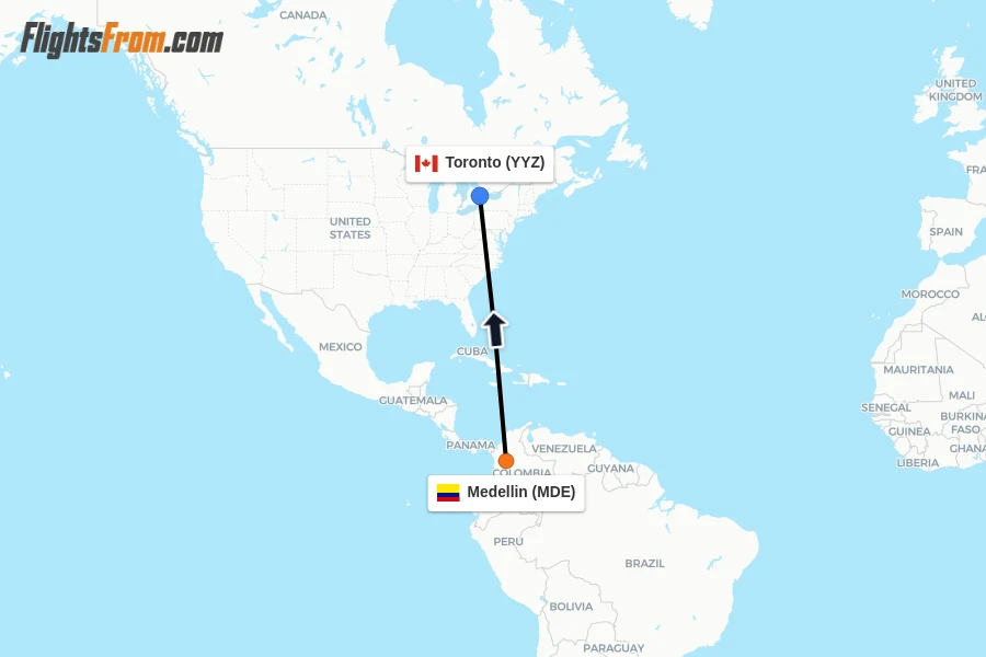 Flights from Medellin to Toronto route map