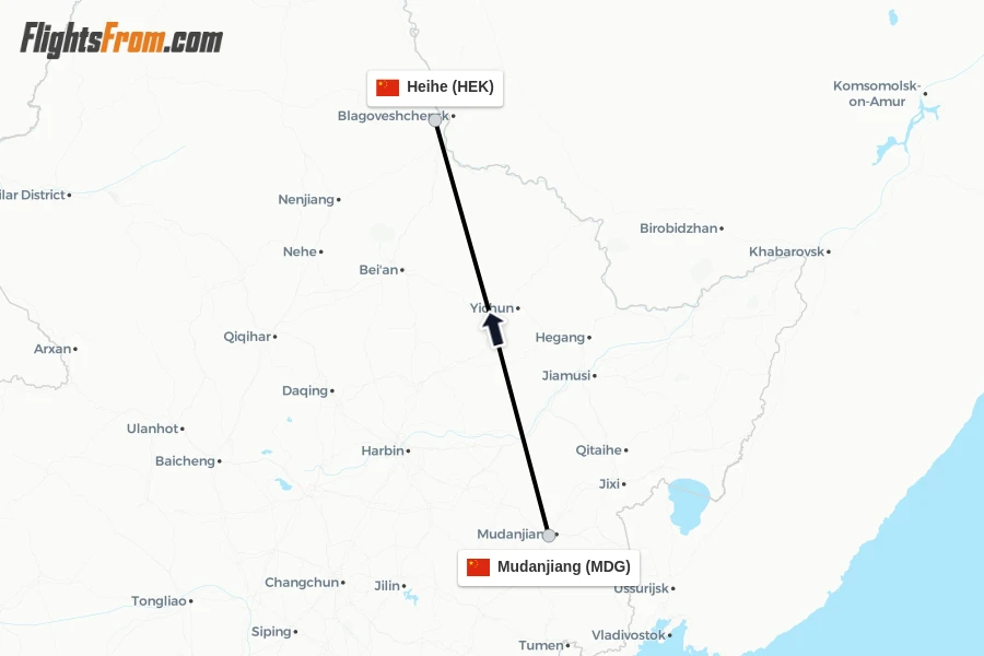 Flights from Mudanjiang to Heihe route map