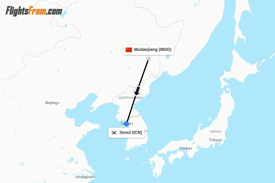 Flights from Mudanjiang to Seoul route map