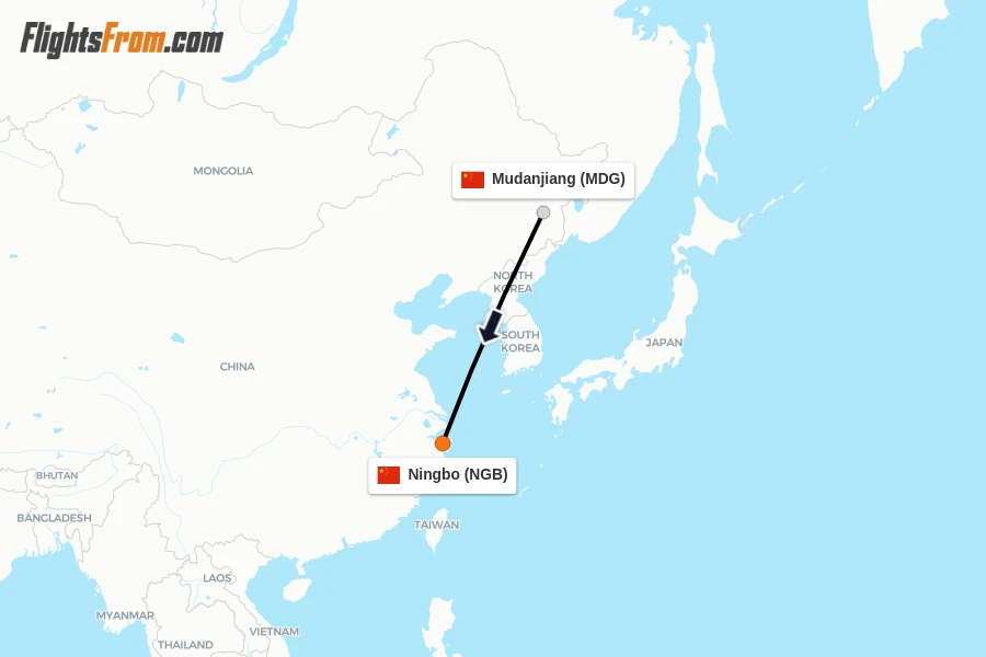 Flights from Mudanjiang to Ningbo route map