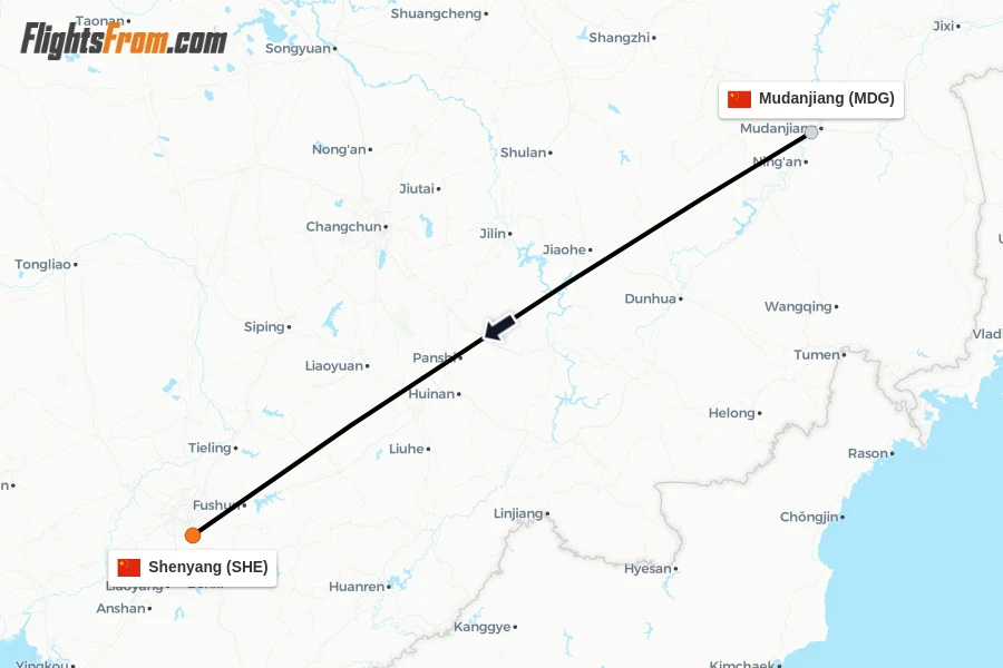 Flights from Mudanjiang to Shenyang route map