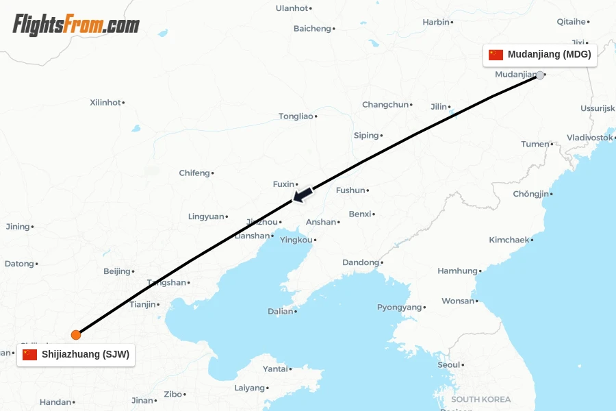 Flights from Mudanjiang to Shijiazhuang route map