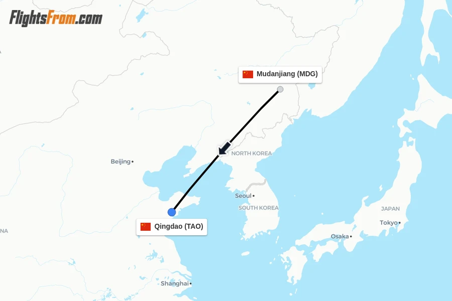 Flights from Mudanjiang to Qingdao route map