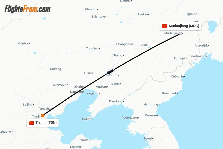 Flights from Mudanjiang to Tianjin route map