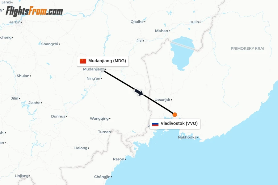 Flights from Mudanjiang to Vladivostok route map
