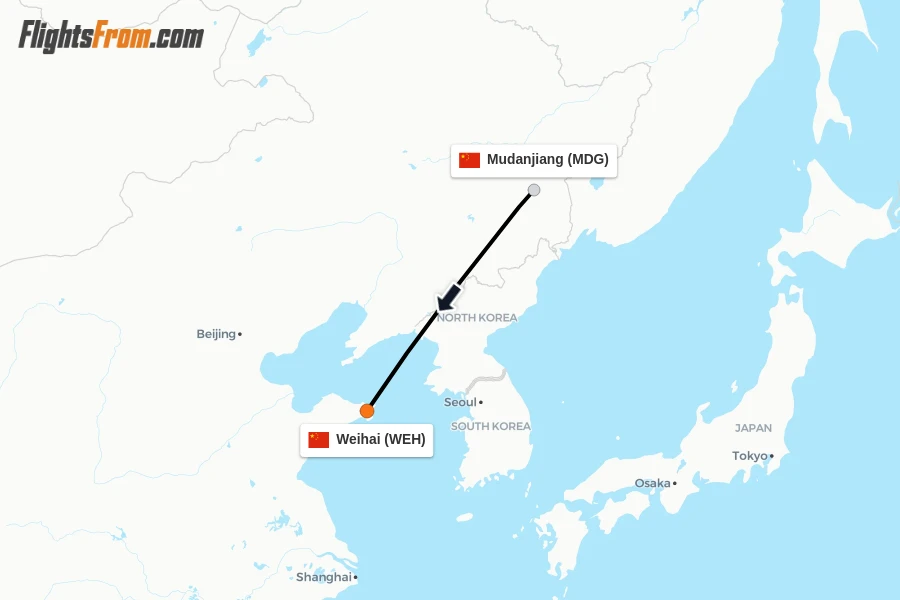Flights from Mudanjiang to Weihai route map