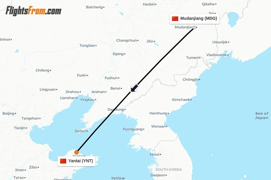 Flights from Mudanjiang to Yantai route map