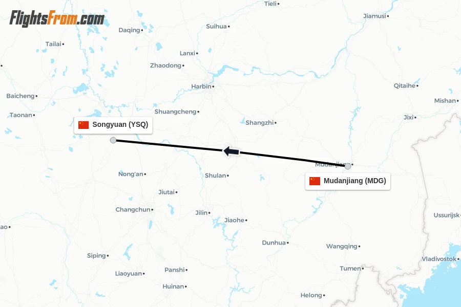 Flights from Mudanjiang to Songyuan route map