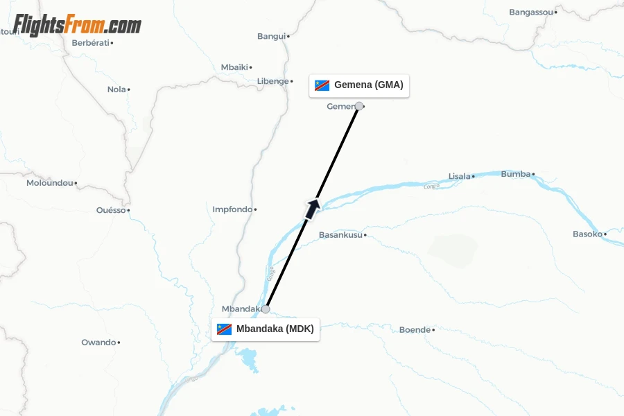 Flights from Mbandaka to Gemena route map