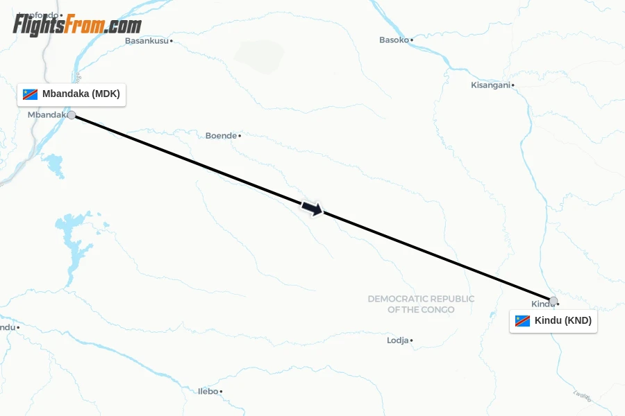 Flights from Mbandaka to Kindu route map