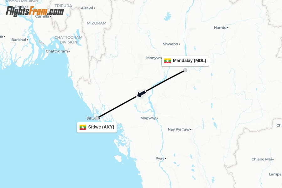 Flights from Mandalay to Sittwe route map