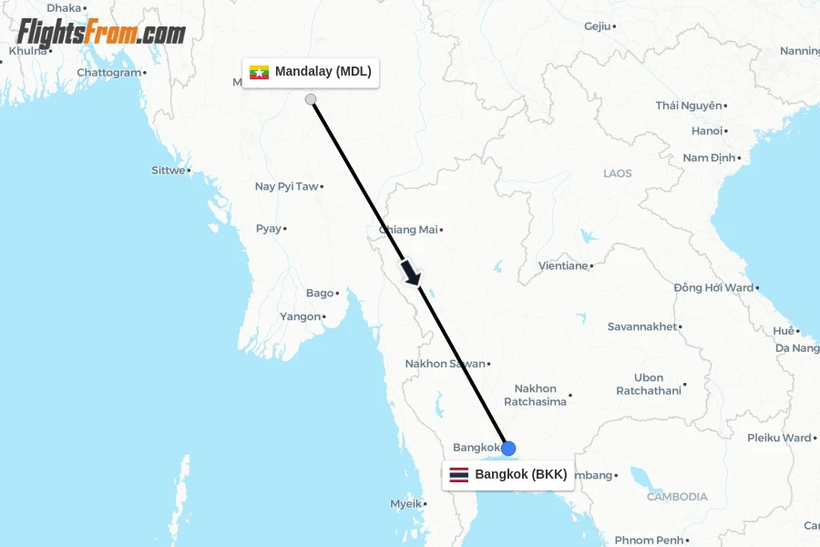 Flights from Mandalay to Bangkok route map