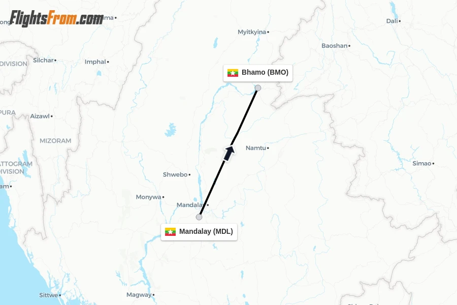 Flights from Mandalay to Bhamo route map