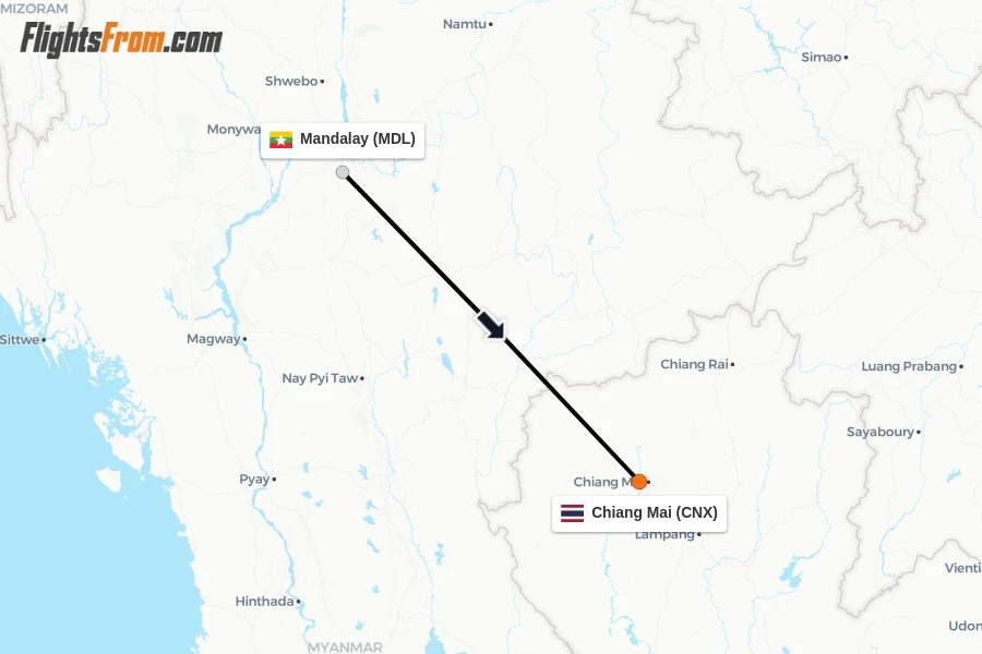 Flights from Mandalay to Chiang Mai route map