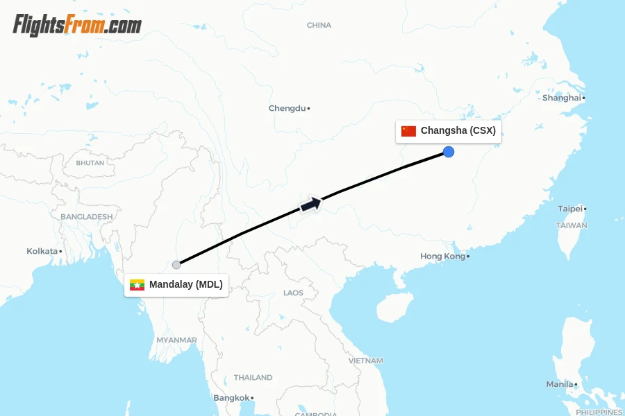 Flights from Mandalay to Changsha route map