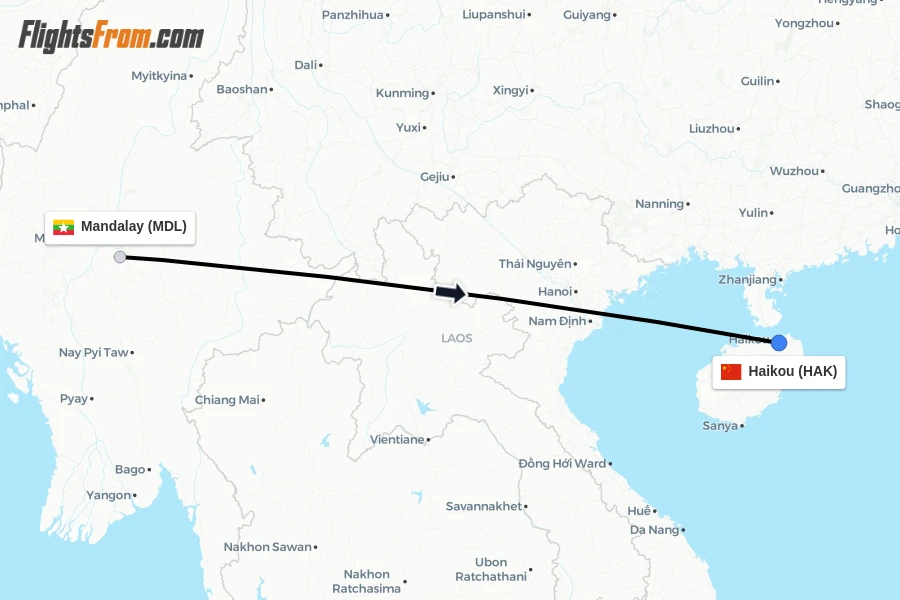 Flights from Mandalay to Haikou route map