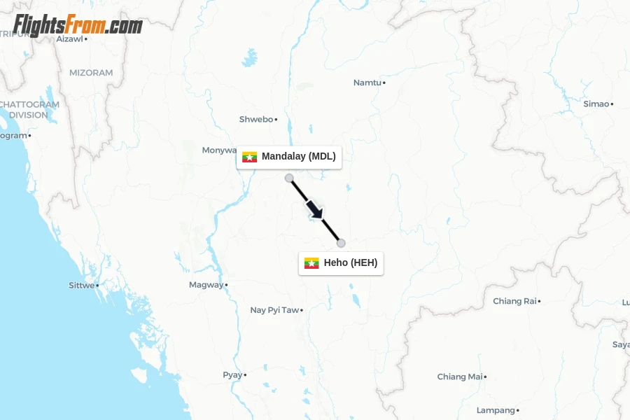 Flights from Mandalay to Heho route map