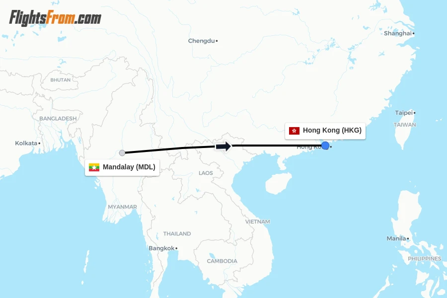 Flights from Mandalay to Hong Kong route map