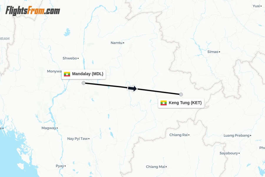 Flights from Mandalay to Keng Tung route map