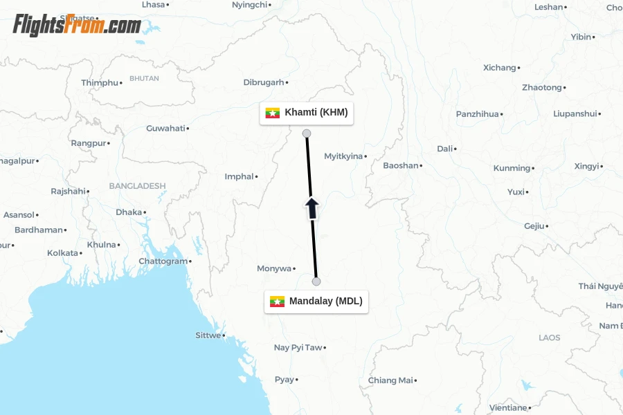 Flights from Mandalay to Khamti route map