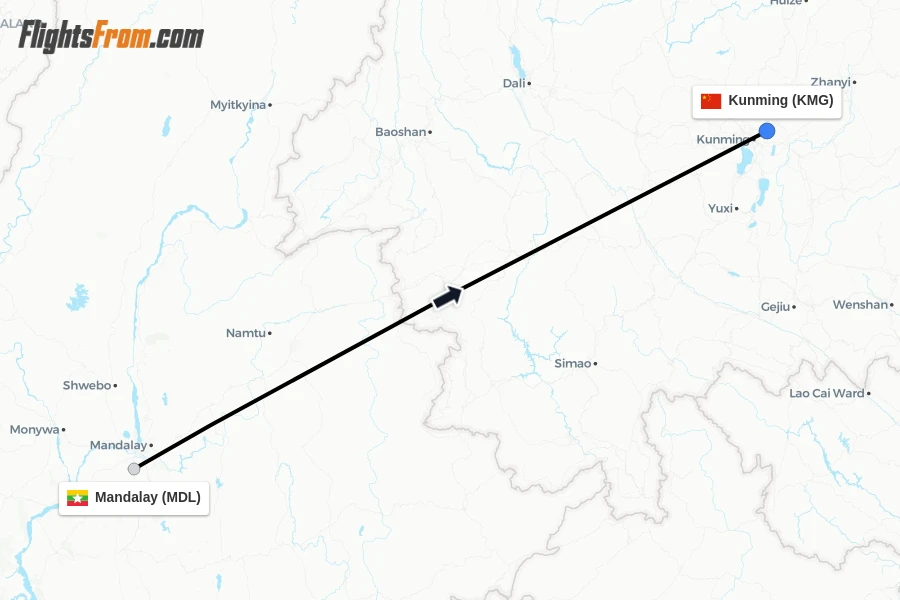 Flights from Mandalay to Kunming route map