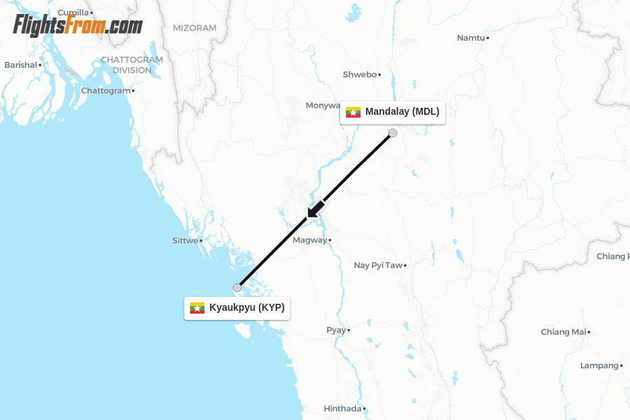 Flights from Mandalay to Kyaukpyu route map