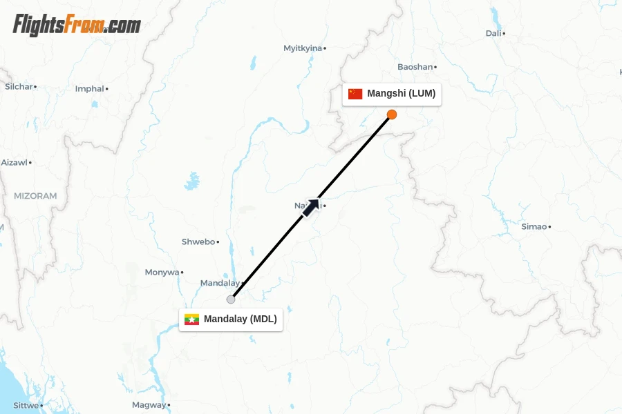 Flights from Mandalay to Mangshi route map