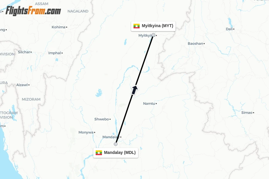 Flights from Mandalay to Myitkyina route map