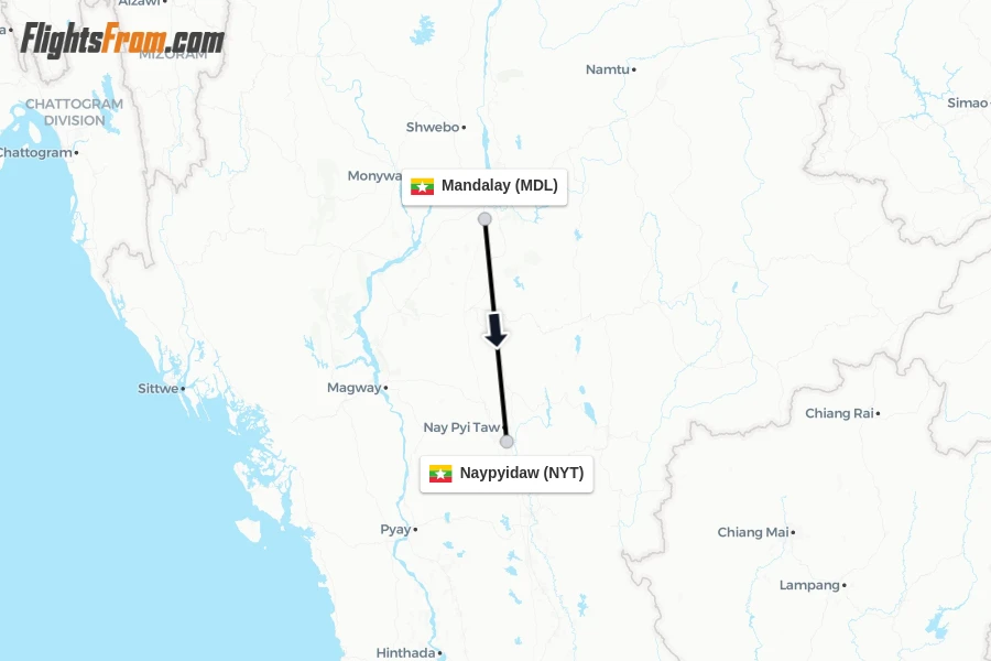 Flights from Mandalay to Naypyidaw route map