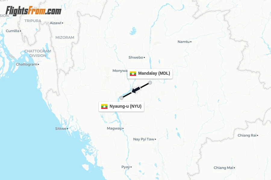 Flights from Mandalay to Nyaung-u route map