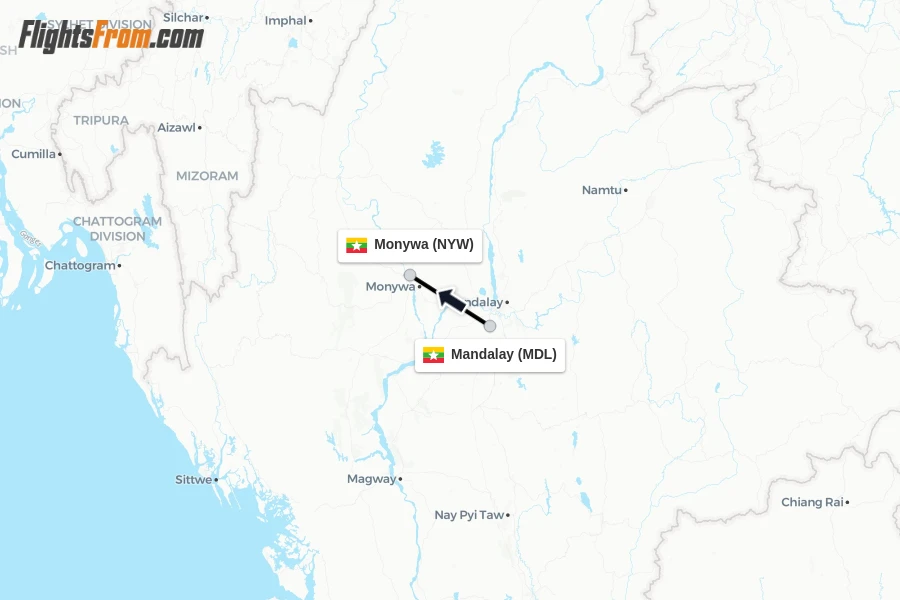 Flights from Mandalay to Monywa route map