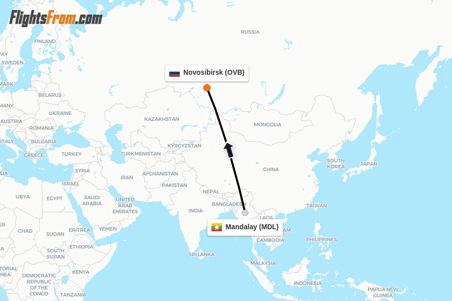 Flights from Mandalay to Novosibirsk route map