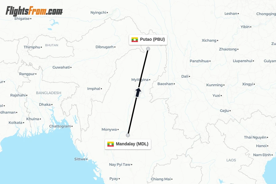 Flights from Mandalay to Putao route map