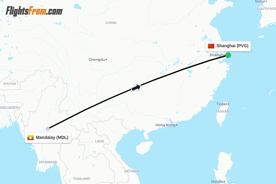 Flights from Mandalay to Shanghai route map