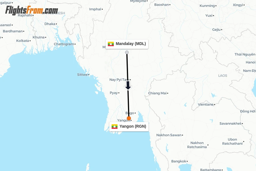 Flights from Mandalay to Yangon route map