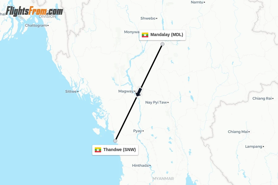 Flights from Mandalay to Thandwe route map