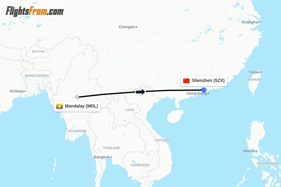 Flights from Mandalay to Shenzhen route map