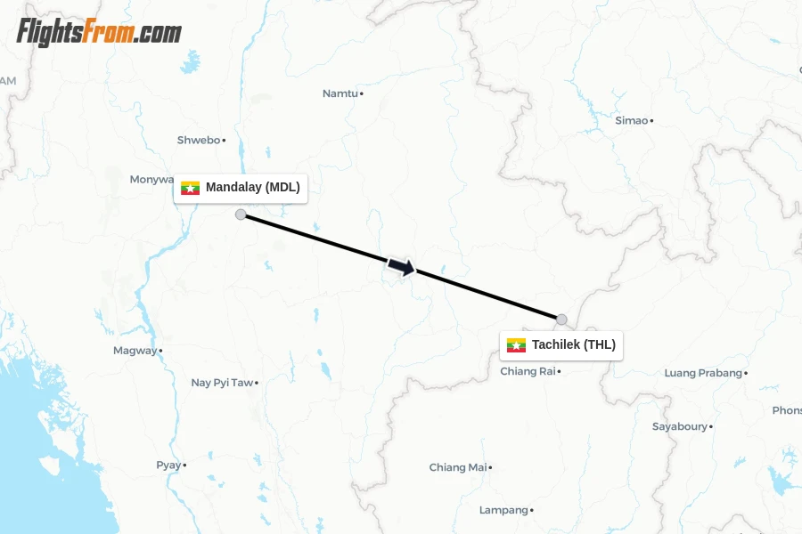 Flights from Mandalay to Tachilek route map