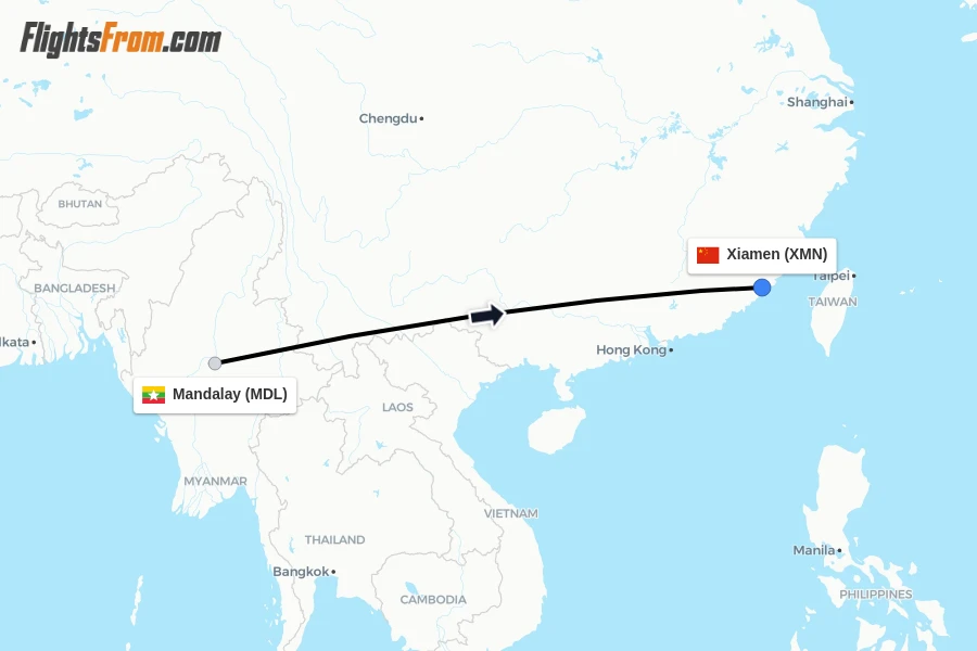 Flights from Mandalay to Xiamen route map