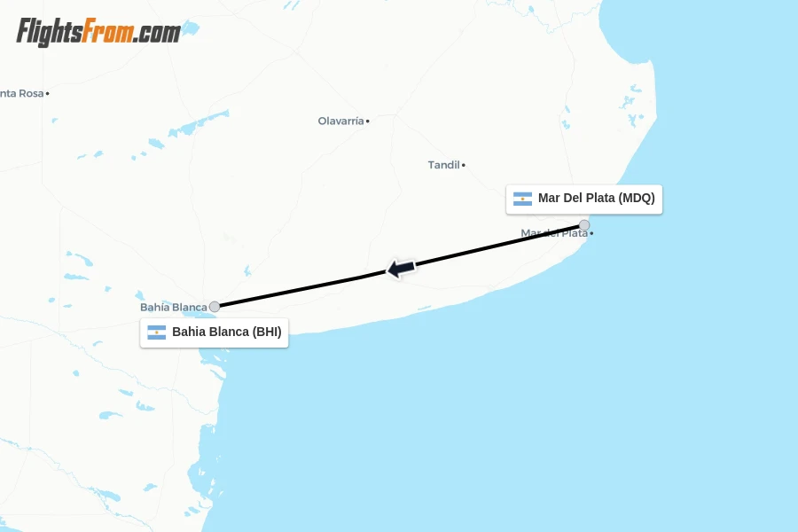 Flights from Mar Del Plata to Bahia Blanca route map