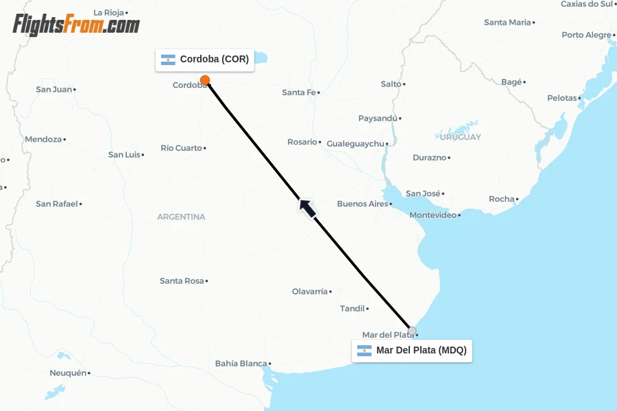 Flights from Mar Del Plata to Cordoba route map