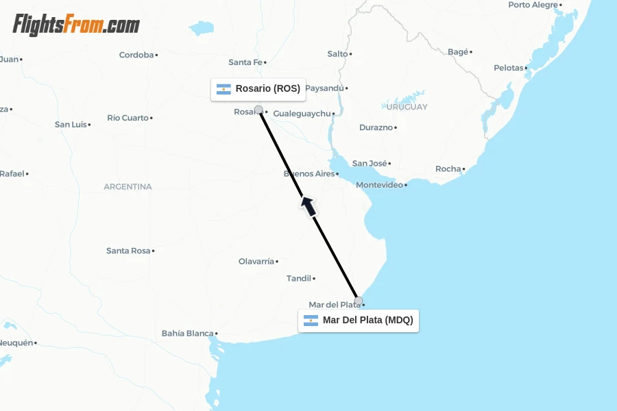 Flights from Mar Del Plata to Rosario route map
