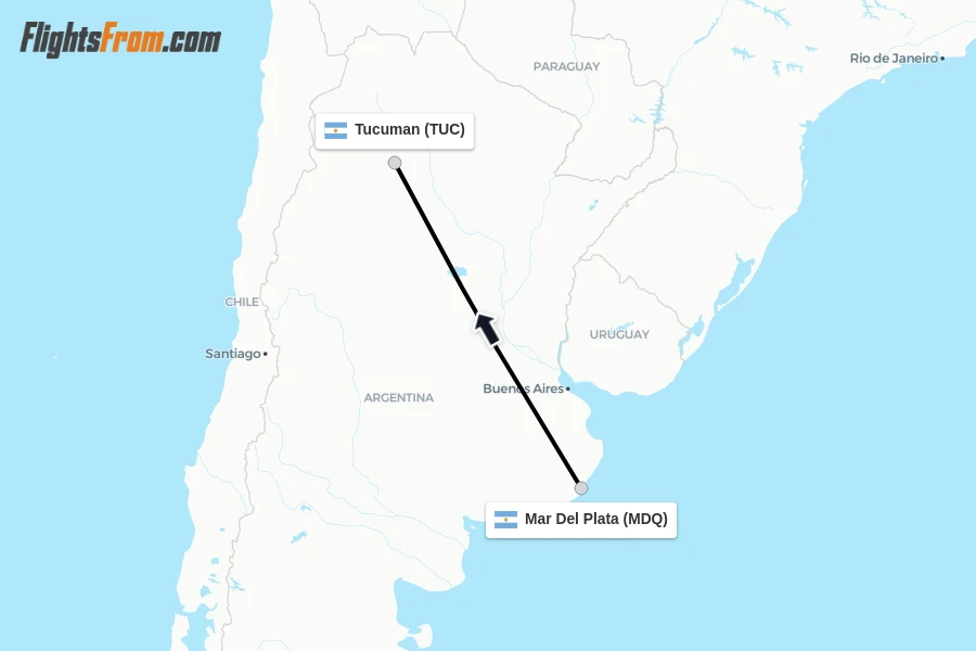 Flights from Mar Del Plata to Tucuman route map