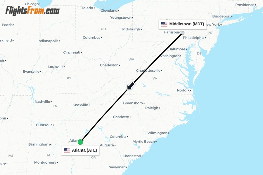 Flights from Middletown to Atlanta route map