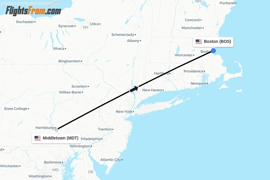 Flights from Middletown to Boston route map