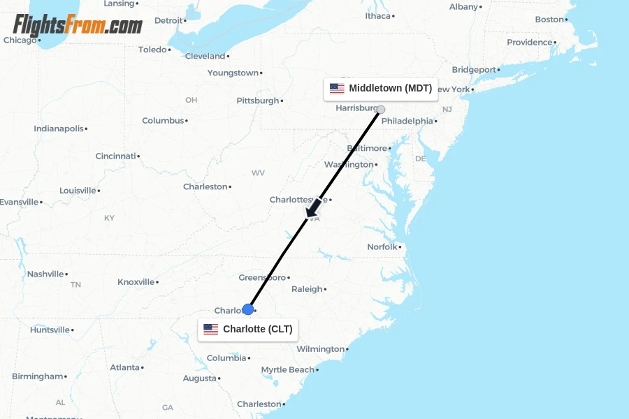 Flights from Middletown to Charlotte route map