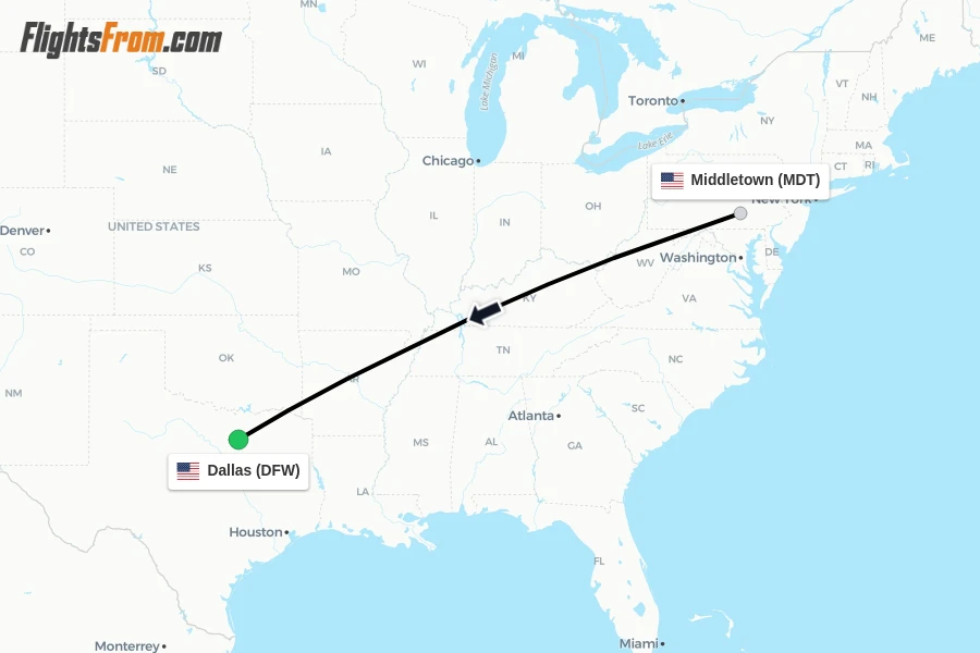 Flights from Middletown to Dallas route map
